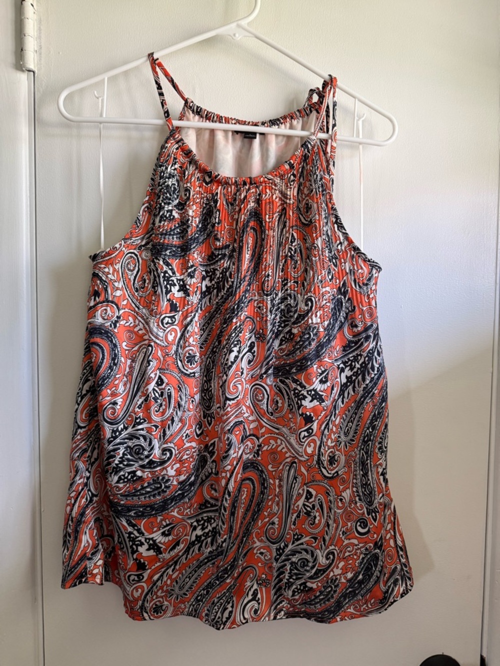 Ann Taylor Orange/Navy Paisley Accordion Pleated Drawstring Tank Top, Size Large